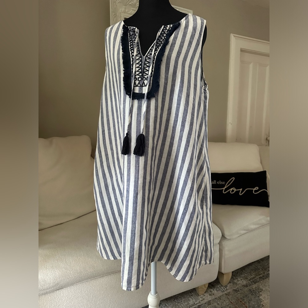 Antibes Blanc Nautical Boho Striped Linen Sleeveless Tunic Tassels Dress Size L